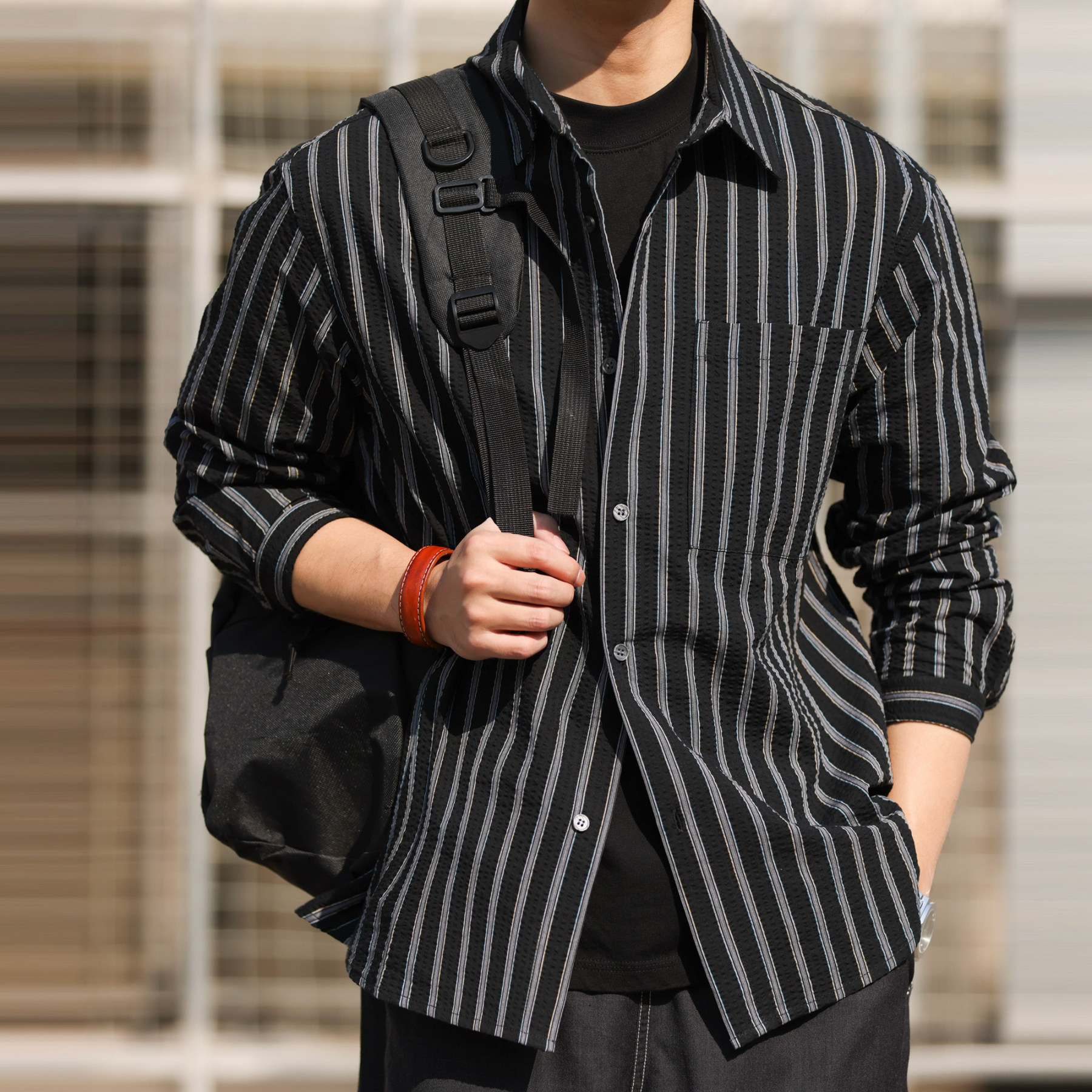 美式休閒立體泡泡紗長袖條紋襯衫男100%純棉復古襯衣春