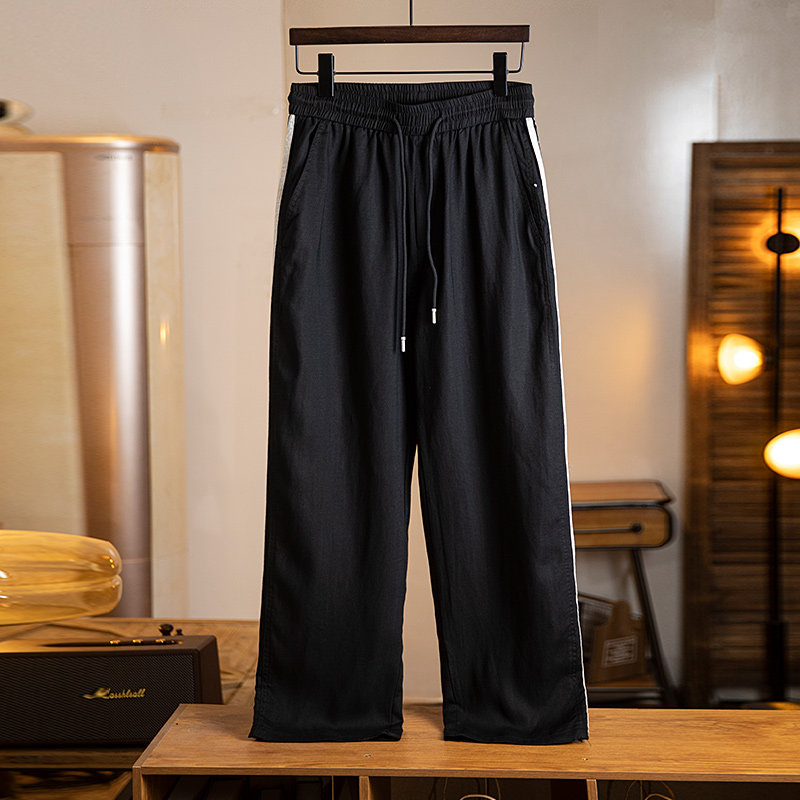 萊賽爾亞麻薄款休閒褲男夏季新款美式條紋男士垂感直筒長褲子