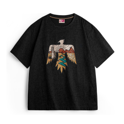 美式復古印第安雷鳥T恤棉重磅民族風刺繡印花短袖男夏季