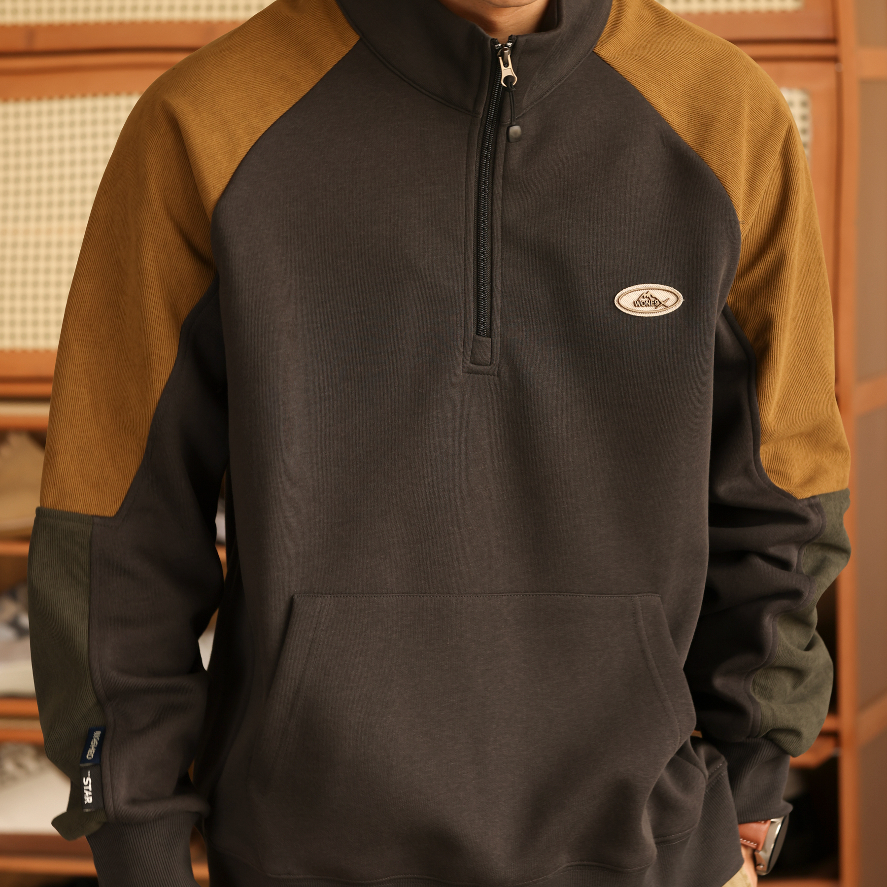 日系復古撞色拼接立領衛衣男330g重磅半拉鍊套頭上衣外套