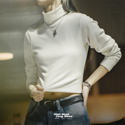 黑色緊身半高領打底衫仿德絨內搭上衣修身針織長袖T恤秋冬女-Retro's Wear