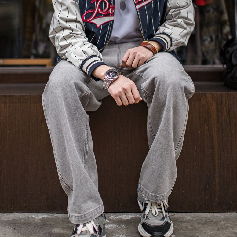 美式復古水洗做舊格雷系灰牛仔褲破洞猫須伐木直筒褲男春