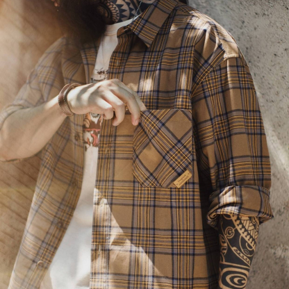 美式復古格子襯衫薄款長袖純棉外套式棕色格紋襯衣男夏秋