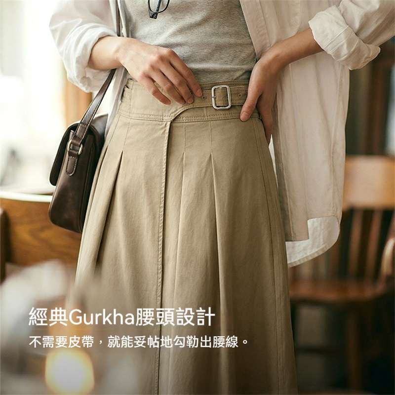 復古卡其色廓爾格全棉百褶高腰A字大擺工裝傘裙子半身裙女