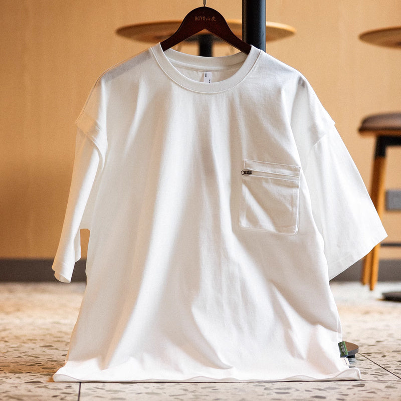 山系戶外工裝口袋短袖T恤男士寬鬆圓領原創設計半袖運動TEE