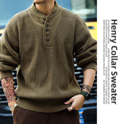 美式復古加厚重磅亨利領毛衣男坦克手套頭保暖針織衫冬