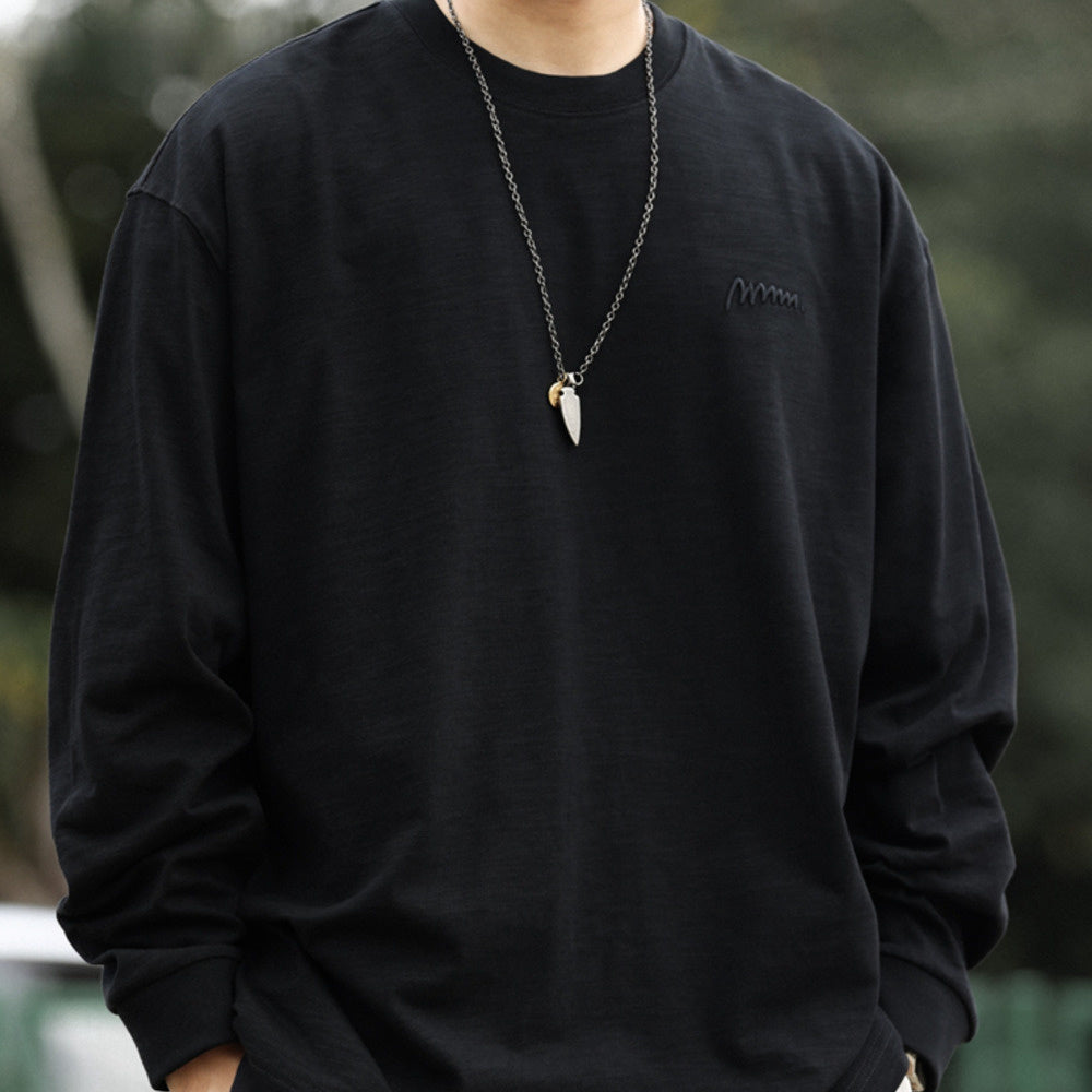 日系復古高密刺繡天竺棉長袖T恤男寬鬆cleanfit休閒打底衫秋-Retro's Wear