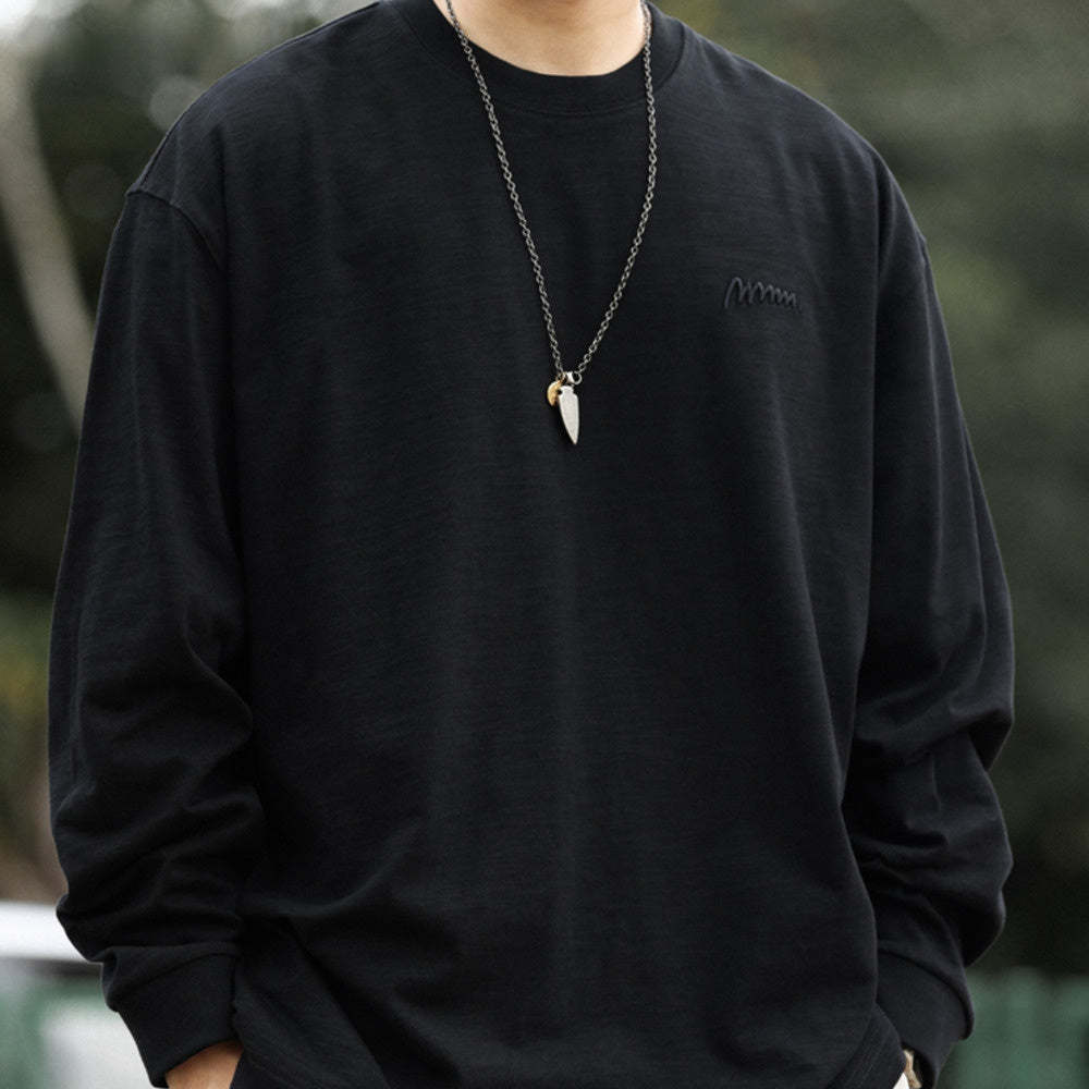 日系復古高密刺繡天竺棉長袖T恤男寬鬆cleanfit休閒打底衫秋-Retro's Wear