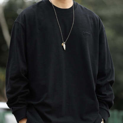 日系復古高密刺繡天竺棉長袖T恤男寬鬆cleanfit休閒打底衫秋-Retro's Wear