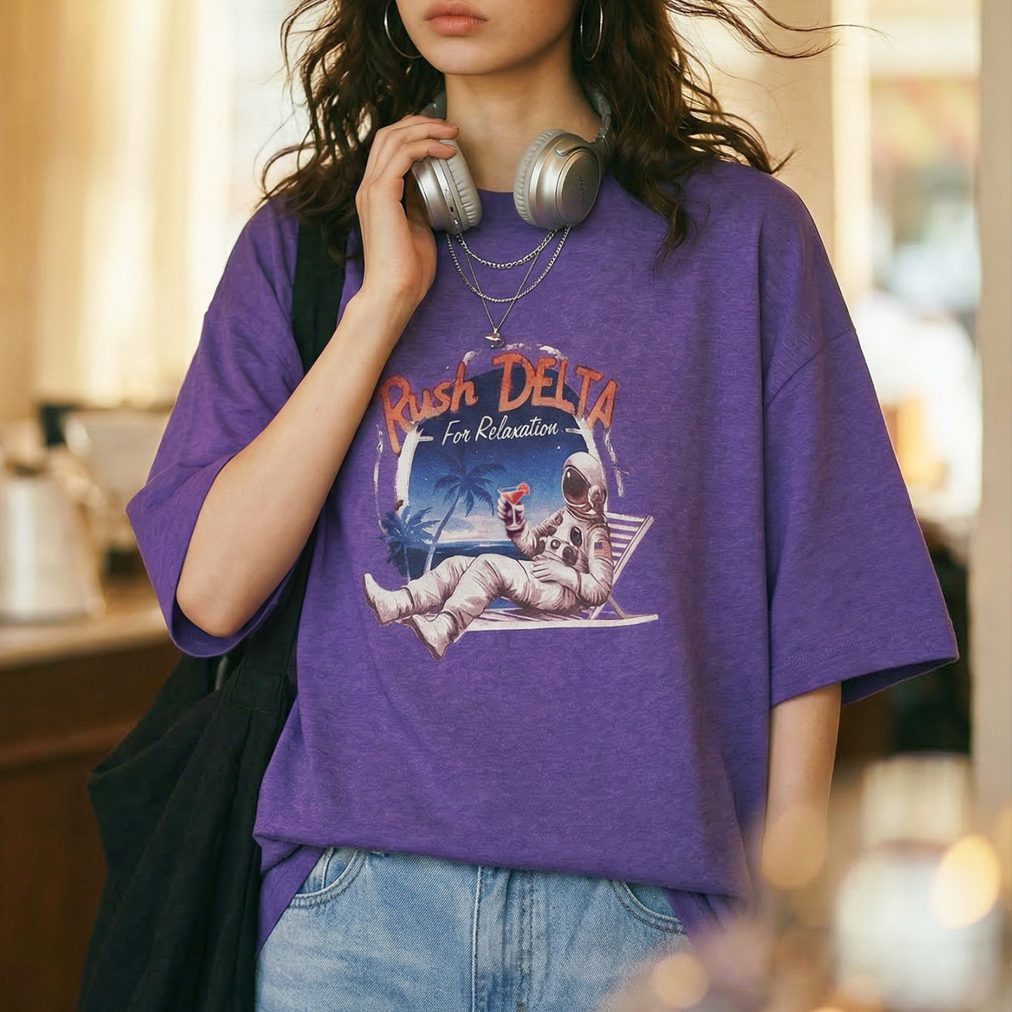 紫色復古花邊拼接寬鬆数位印花短袖t恤小眾設計感上衣女士夏