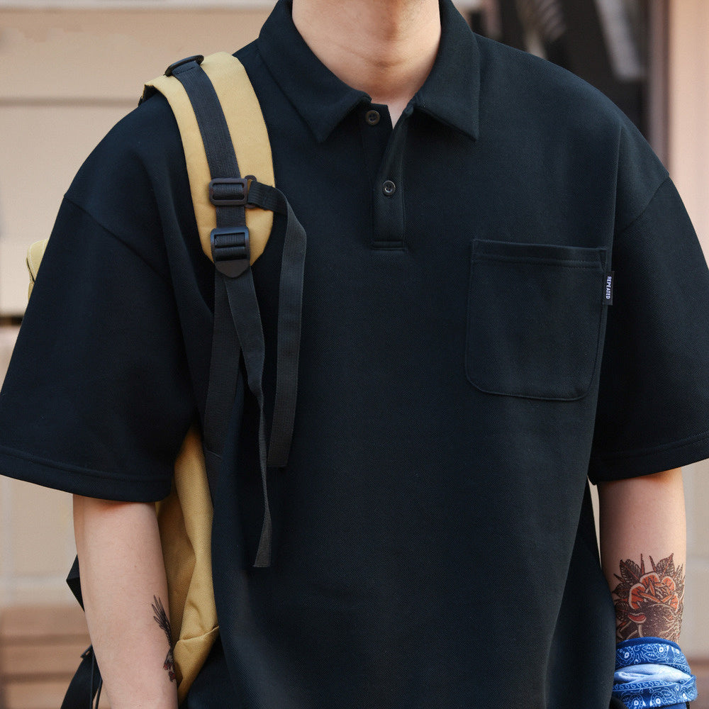 日系休閒340g重磅短袖POLO衫男寬鬆雙珠地口袋翻領上衣