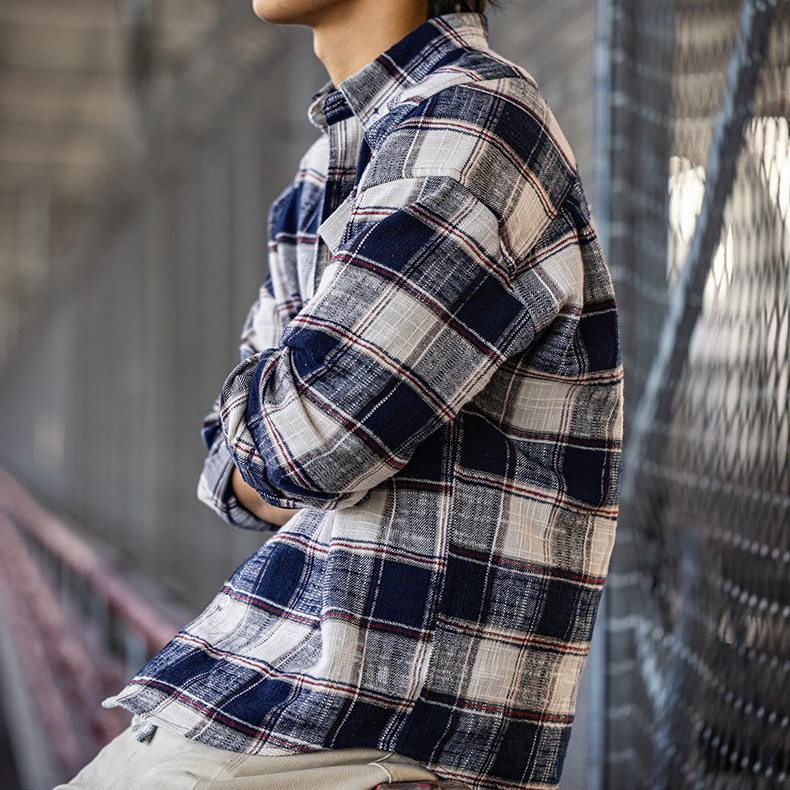 MRA日系撞色藍白條紋長袖襯衫cozyfit鬆弛風大格子外套潮早秋