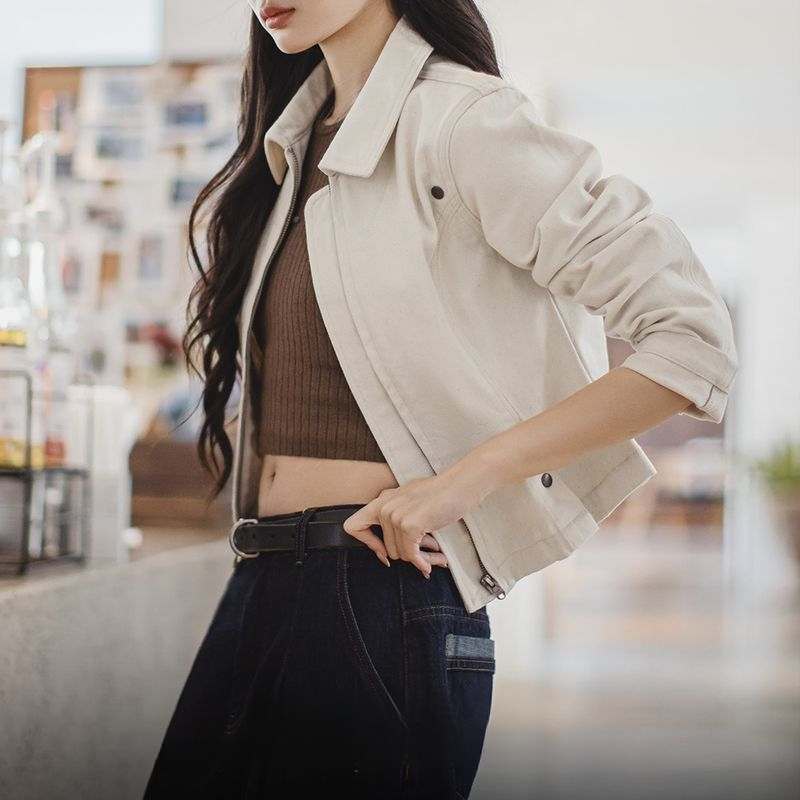 巴恩風白色收腰夾克小個子老錢風工裝外套Vintage上衣春秋女