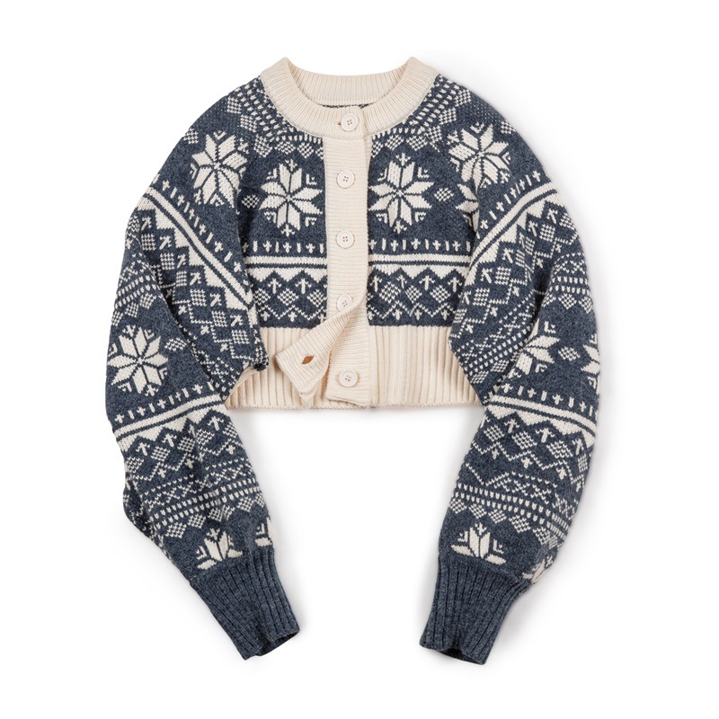 美式休閒提花針織衫圓領短款毛衣外套女秋冬-Retro's Wear