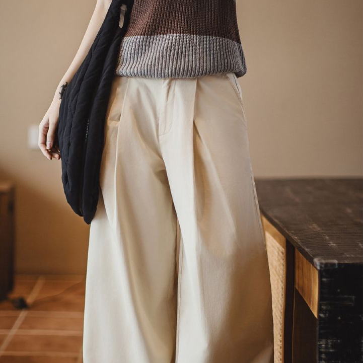 復古Vintage打褶白色闊腿褲日雜風直筒長褲又a又颯闊腿褲夏女