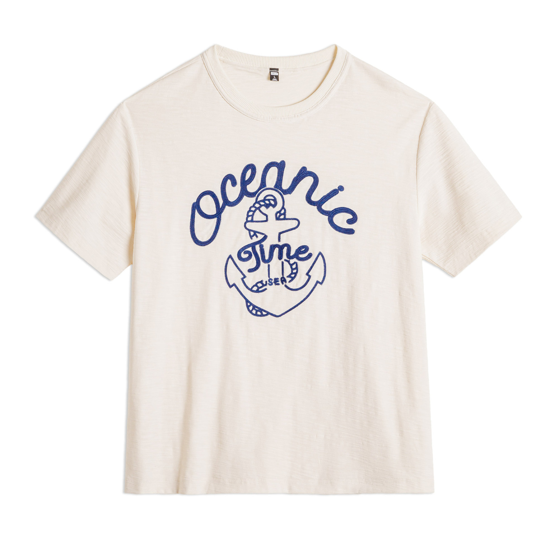 美式復古海軍刺繡T恤白色重磅竹節棉螺紋領口短袖女夏季上衣