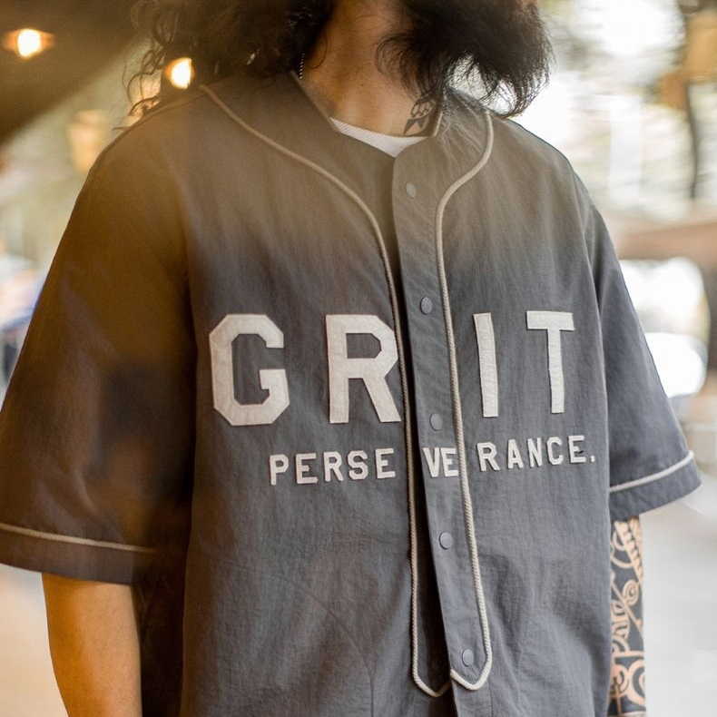美式休閒GRIT棒球服貼布繡襯衫日系灰色薄款襯衣男春夏