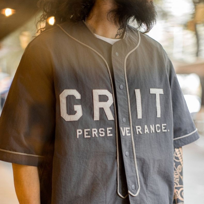 美式休閒GRIT棒球服貼布繡襯衫日系灰色薄款襯衣男春夏