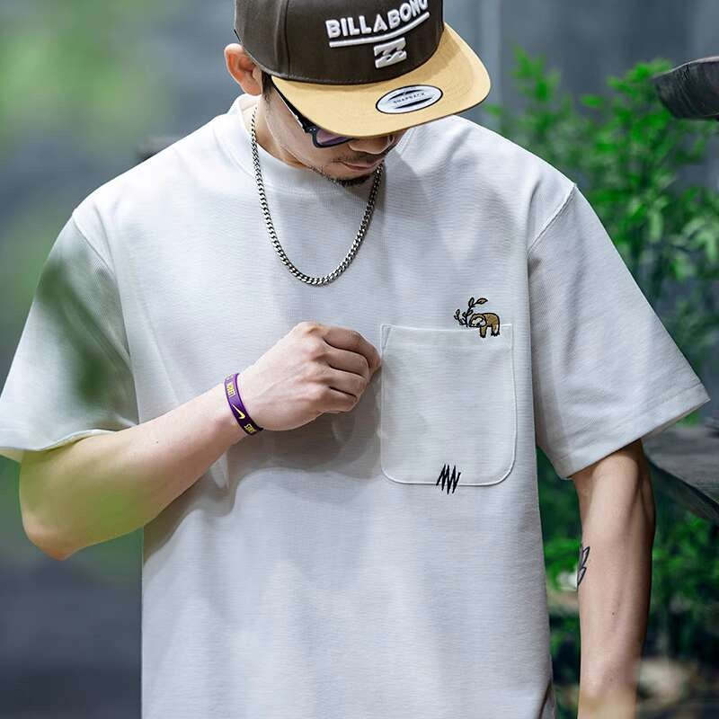 260g米格短袖t恤男夏季新款潮牌小樹懶刺繡口袋寬鬆休閒半袖T恤