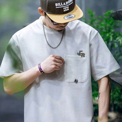 260g米格短袖t恤男夏季新款潮牌小樹懶刺繡口袋寬鬆休閒半袖T恤