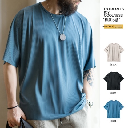 美式休閒二本針科技冰薄短袖豎紋坑條透氣寬鬆T恤男夏季-Retro's Wear