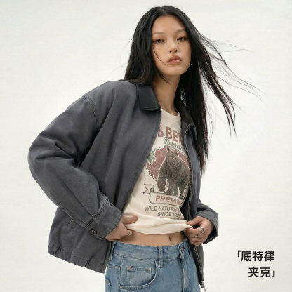 美式格雷系寬鬆撞色翻領底特律獵裝工裝夾克短外套上衣女士春