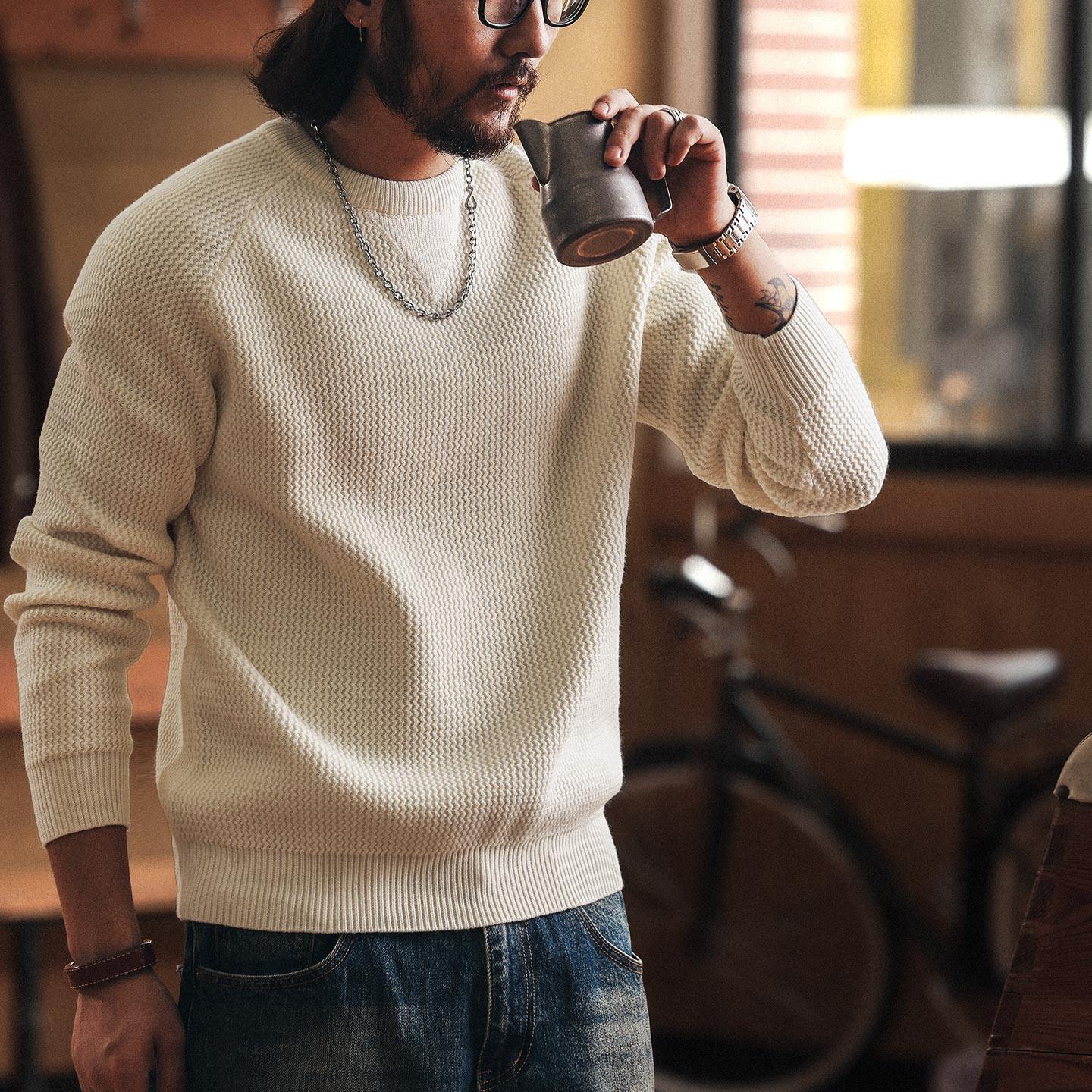 美式重磅7針粗線男士毛衣秋冬新款慵懶風針織打底衫男