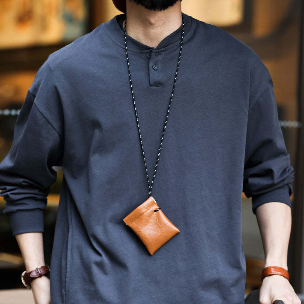 美式復古亨利領長袖T恤寬鬆休閒280g純棉側口袋深灰色打底衫-Retro's Wear