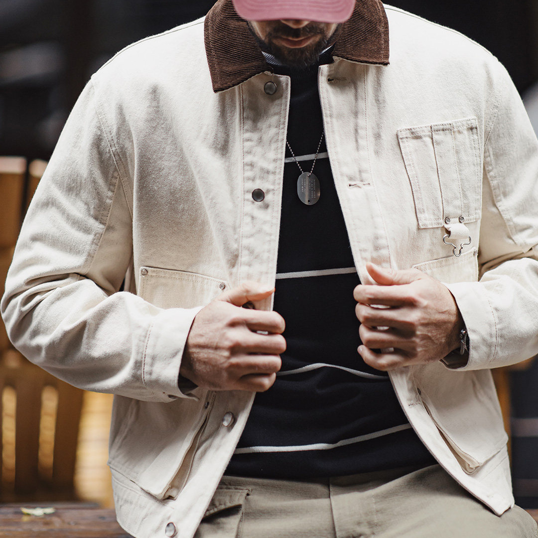 美式棉籽殼J22白色翻領夾克獵裝法式燈芯絨領外套男款春