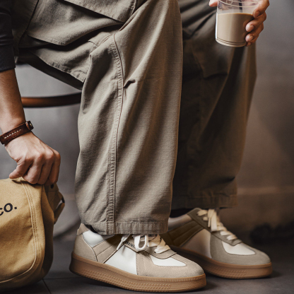 美式德訓板鞋經典復古咖色拼接厚底百搭增高鞋休閒阿甘鞋男款