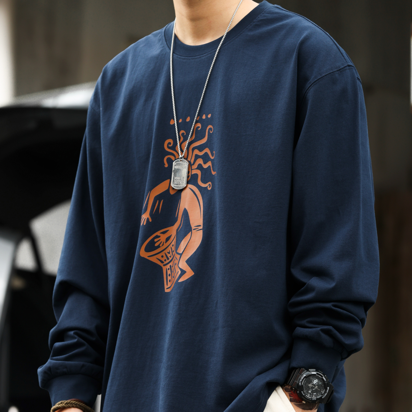 美式復古部落圖騰印花長袖T恤男260g純棉微落肩打底衫秋