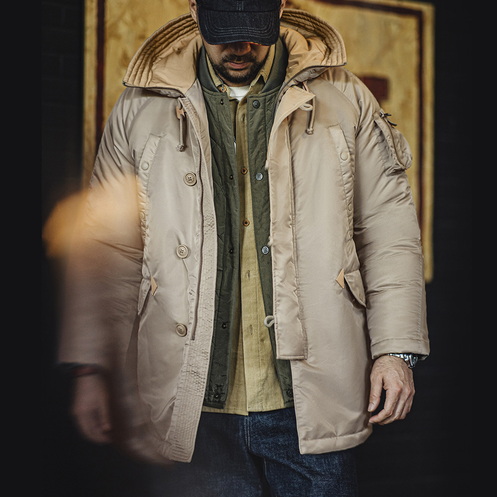 美式N3B飛行員夾克棉服軍事風加厚中長款連帽外套男秋冬-Retro's Wear