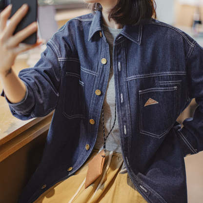 美式復古翻領丹寧牛仔襯衣夾克寬鬆長袖襯衫外套上衣女士秋季