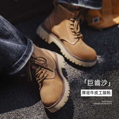 2025秋冬新款男士中幫真牛皮馬丁靴厚底美式復古休閒工裝靴