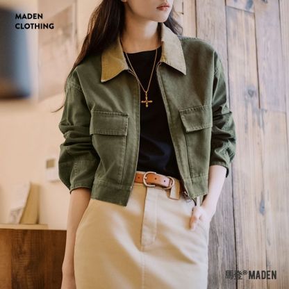 巴恩風撞色帆布獵裝夾克美式工裝外套全棉復古翻領上衣春季女