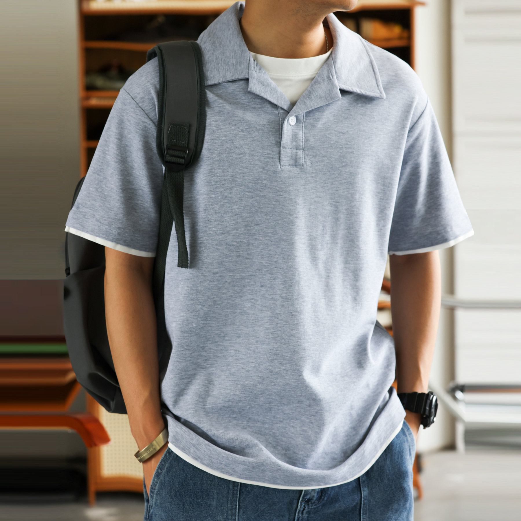 美式珠地假兩件古巴領POLO衫男通勤休閒薄款翻領短袖T恤