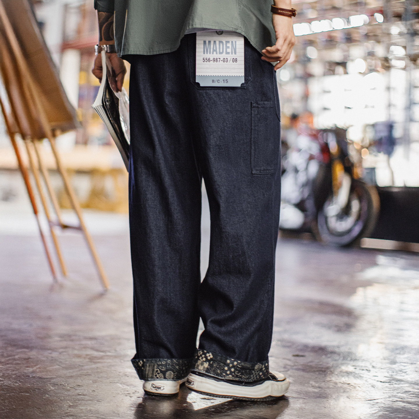 美式古布水洗牛仔褲直筒BORO闊腿深藍色寬鬆休閒褲子男春