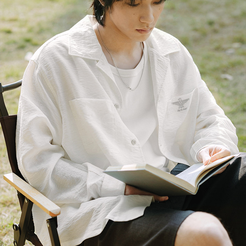 MRA 亞麻混紡古巴領長袖襯衫印第安刺繡老錢風涼感翻領白襯衣