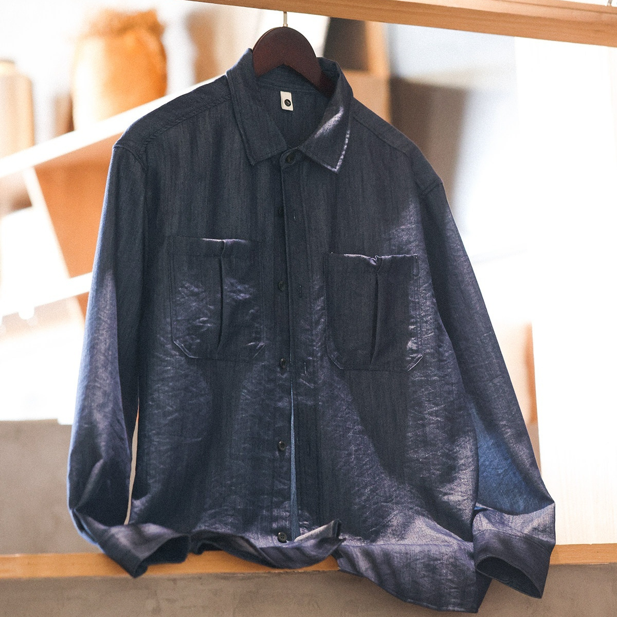 美式復古肌理感仿牛仔長袖襯衫男寬鬆Vintage疊穿襯衣春
