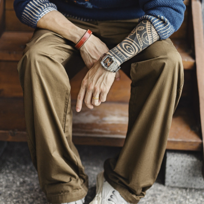 美式復古Chino褲卡其色直筒奇諾褲休閒純棉長褲子男秋冬