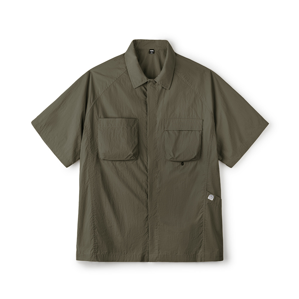 山系戶外短袖襯衫速幹黃色肌理感薄款日系口袋襯衣男款夏