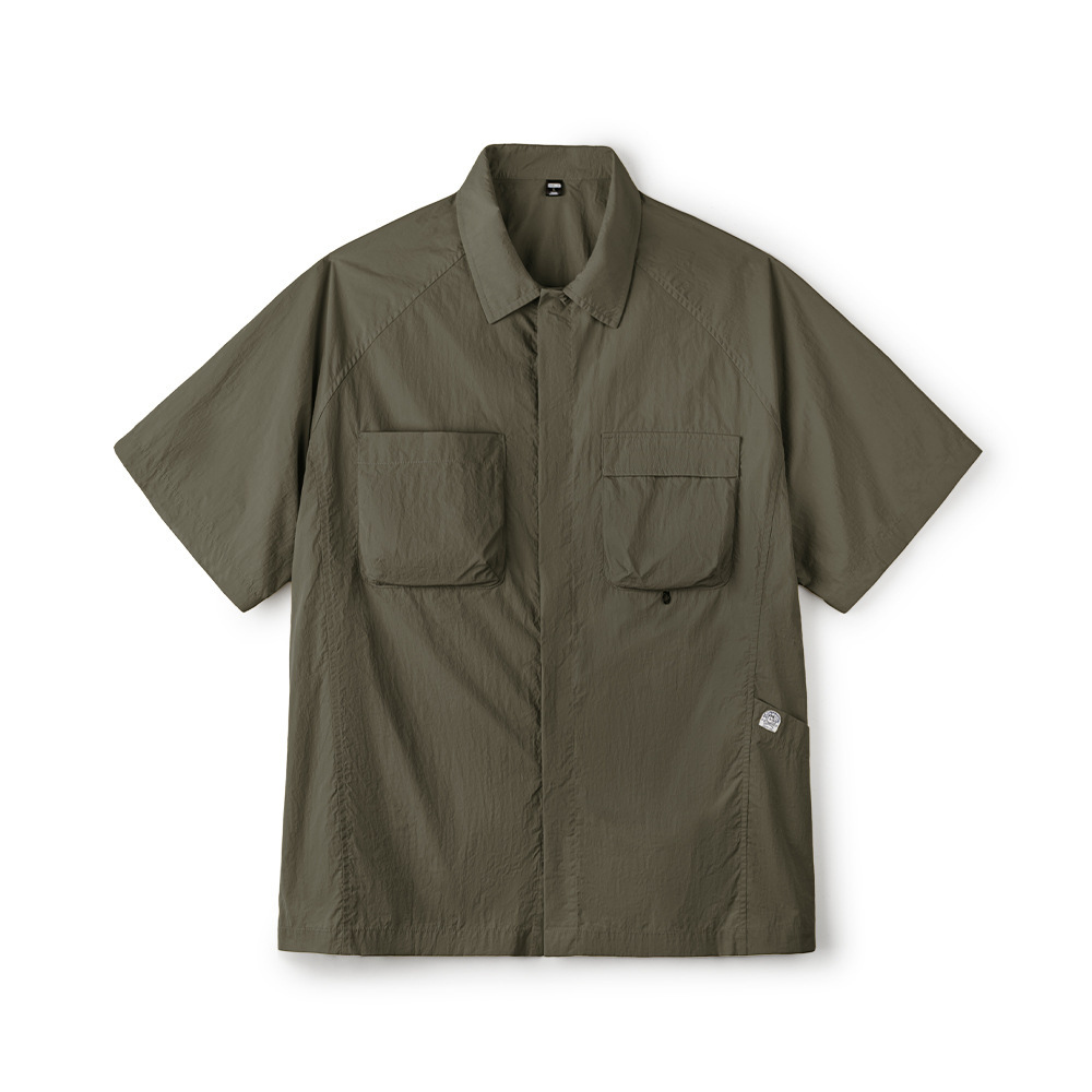 山系戶外短袖襯衫速幹黃色肌理感薄款日系口袋襯衣男款夏