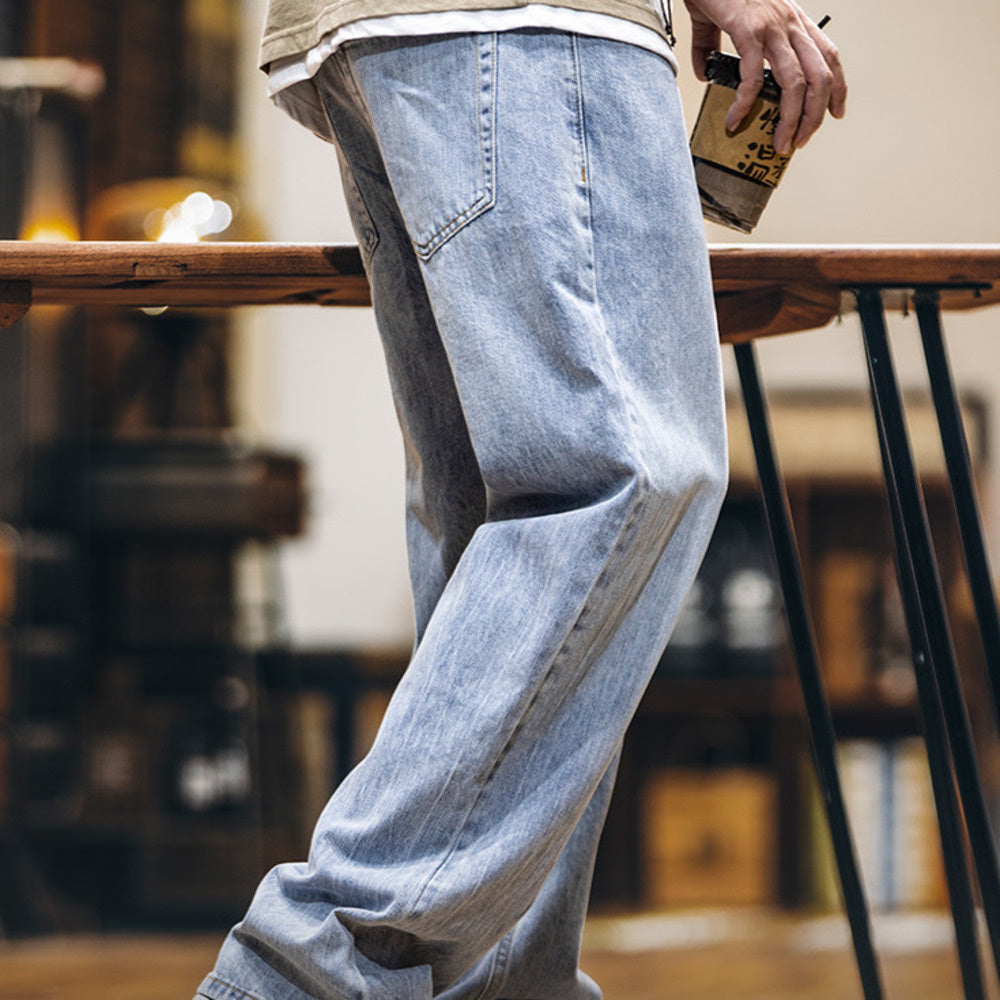 美式淺藍色復古牛仔褲男士春夏2025新款純棉水洗寬鬆直筒褲子男