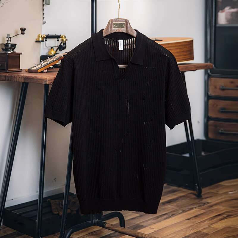 美式V領冰絲Polo衫短袖男2025新款寬鬆針織衫T恤夏季純色翻領上衣
