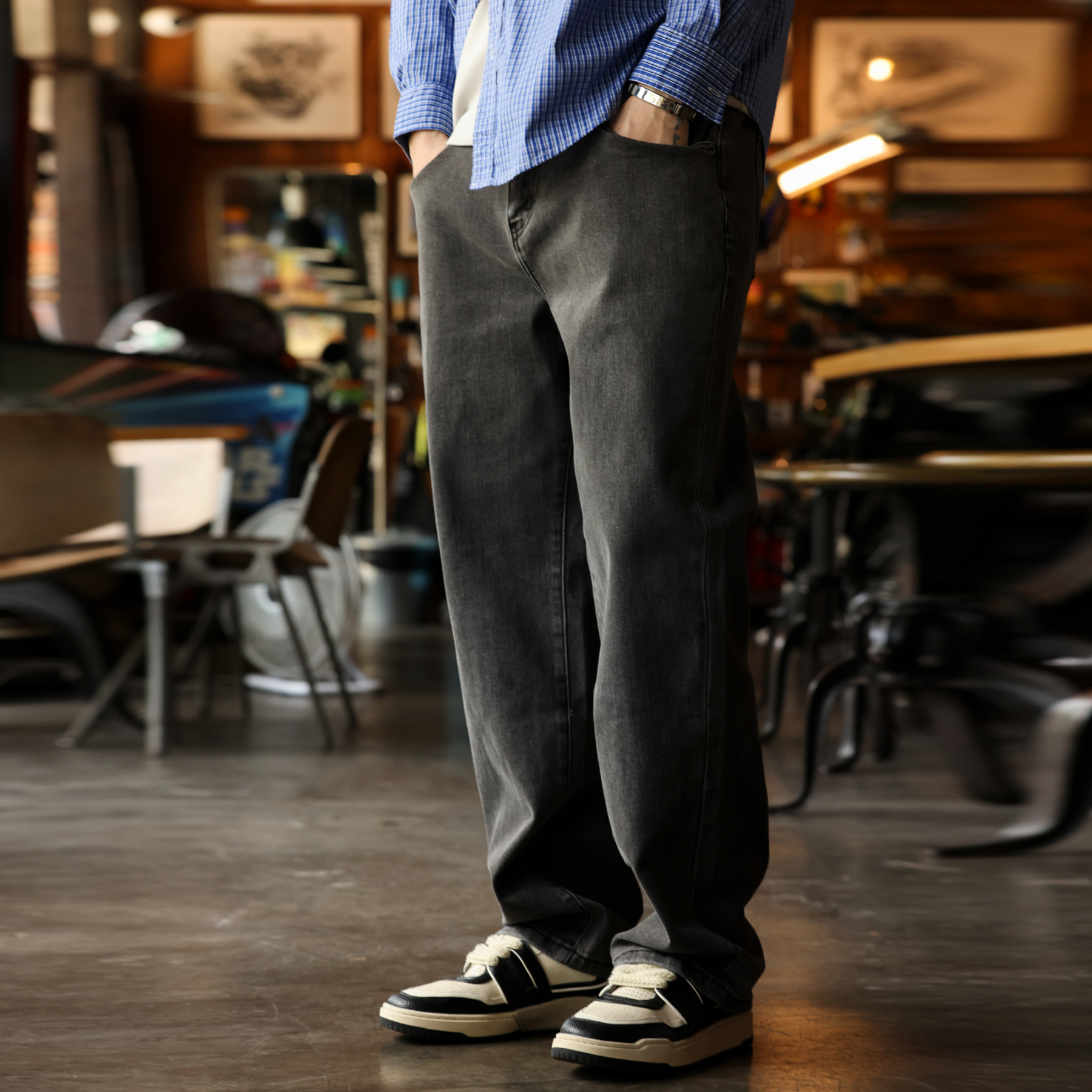 重工15盎司棉彈牛仔褲男石磨霧化灰黑色合體直筒長褲子