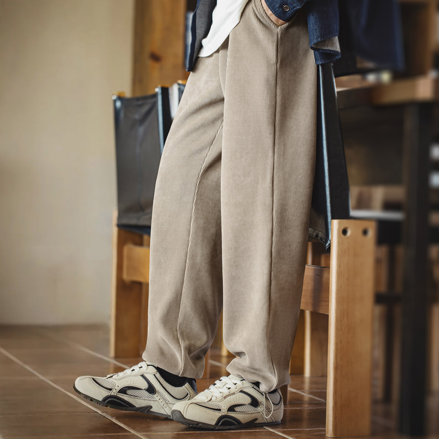 MRA380g重磅束脚雪尼爾衛褲垂感卡其色長褲仿燈芯絨休閒褲男