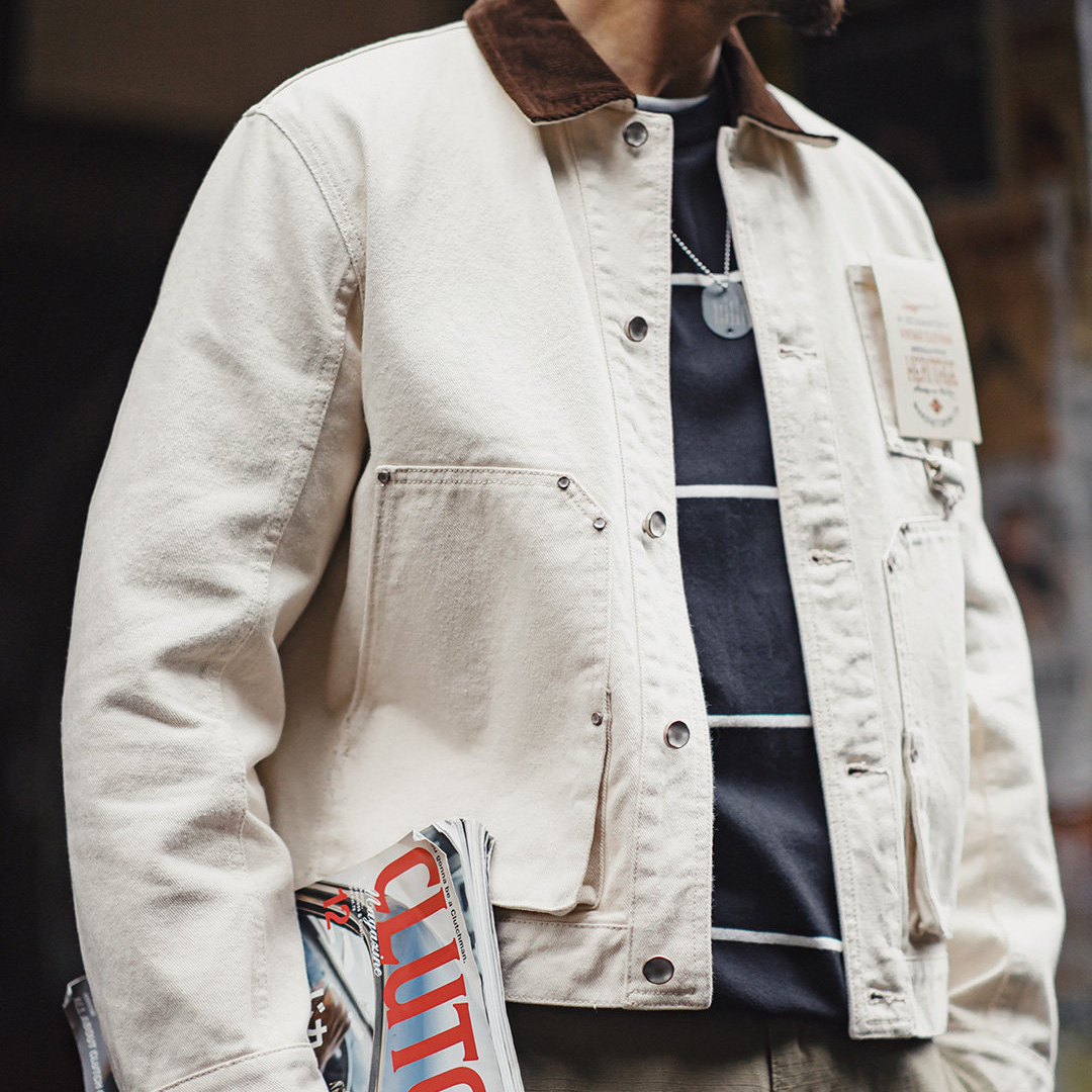 美式棉籽殼J22白色翻領夾克獵裝法式燈芯絨領外套男款春
