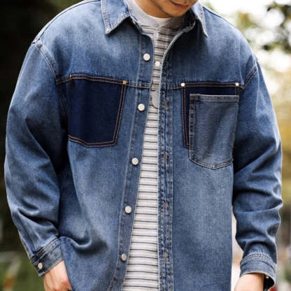 美式復古重磅牛仔襯衫男寬鬆撞色口袋設計高級感長袖夾克外套-Retro's Wear
