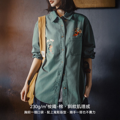 純棉復古水洗日系刺繡印花寬鬆長袖襯衣衫外套硬挺上衣女士秋