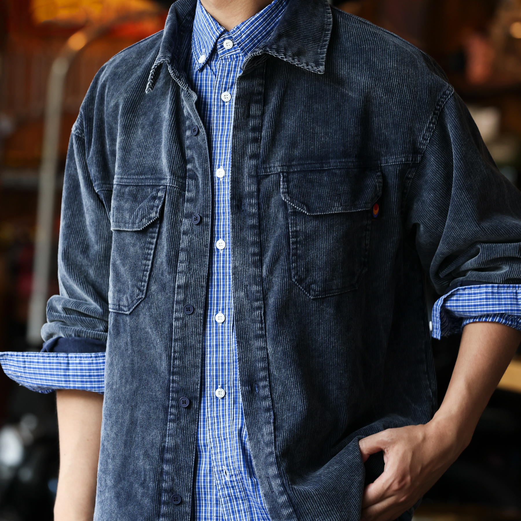 日系復古燈芯絨工裝襯衣外套男疊穿重磅水洗條絨襯衫秋